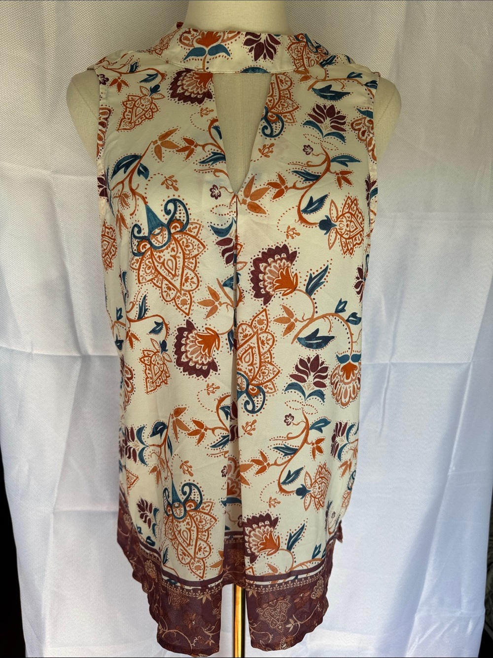 Violet & Claire Cream Floral Paisley Tank with Rust & Navy Accents